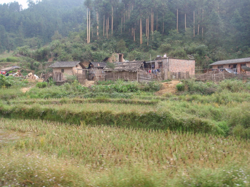 Brick and wood structures in the mountain areas.